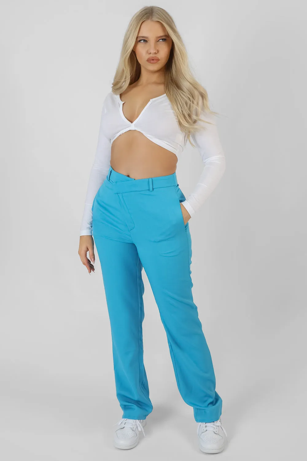 Wrap Waistband Straight Leg Trouser Blue