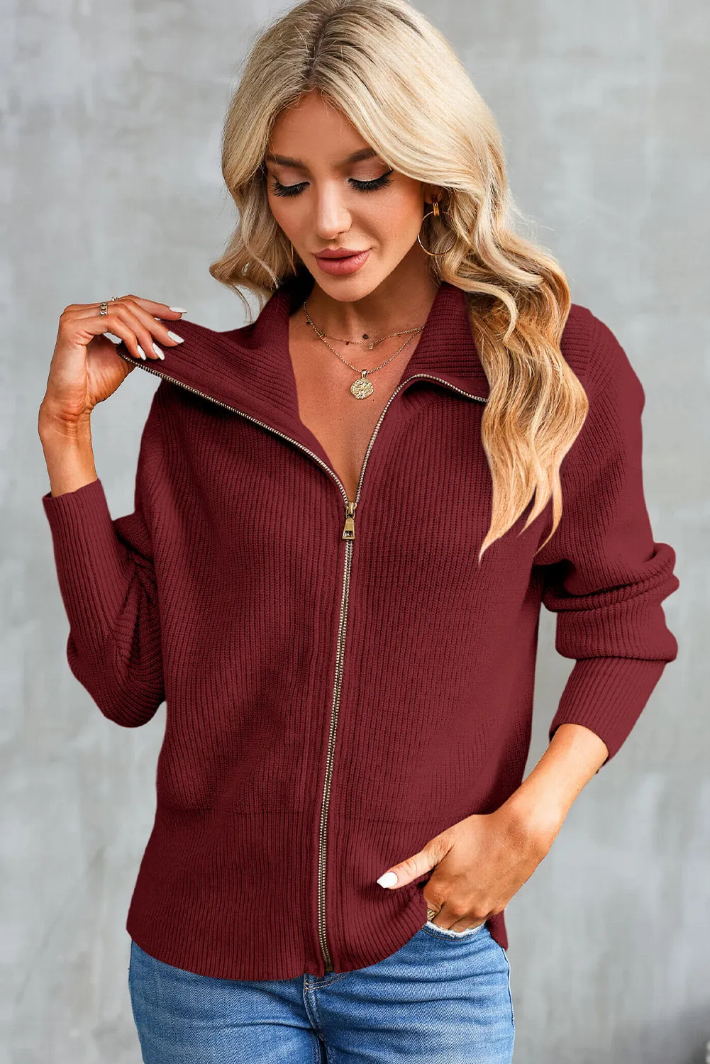 Zip-Up Collared Cardigan